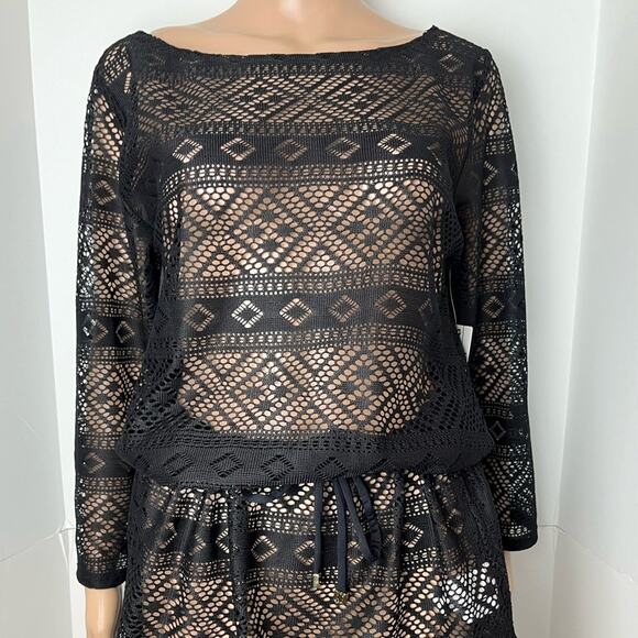 New Anne Cole Black Lace Crochet Cinch Waist Swimsuit Coverup - Picture 6 of 12